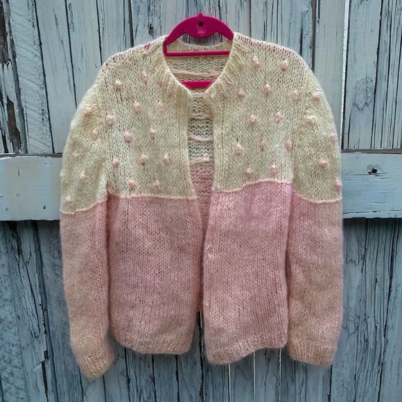 Vintage Sweaters - Vintage Handknit Pink and Cream Cardigan Sweater